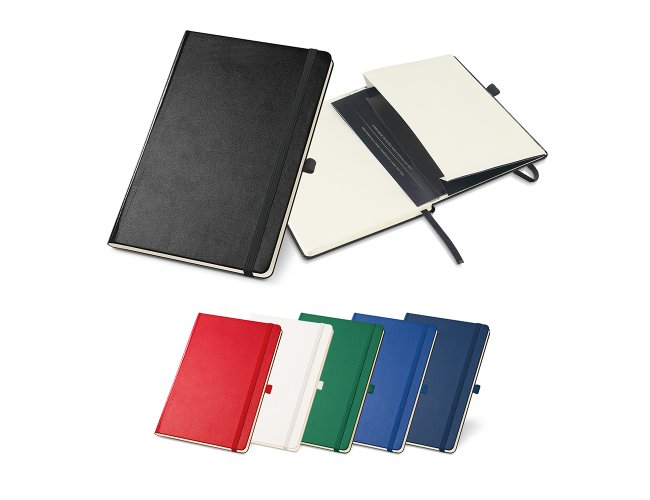 Caderno capa dura. Com porta esferogrfica, bolso interior e 80 folhas