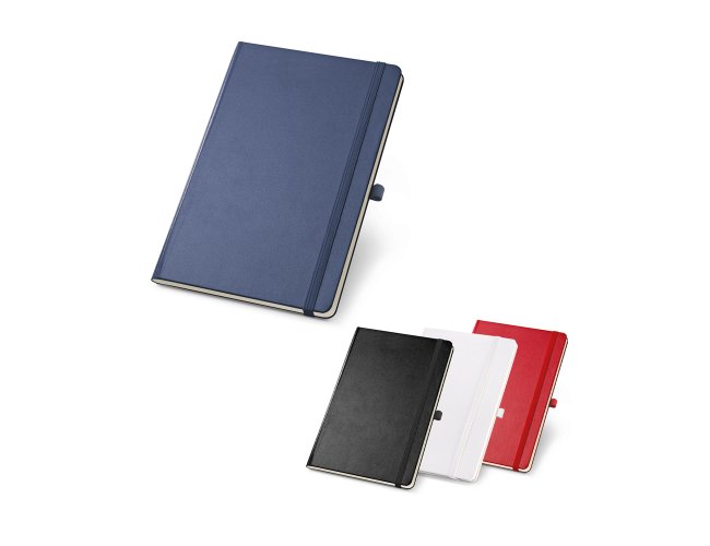 Caderno capa dura. Com porta esferogrfica, bolso interior e 80 folhas