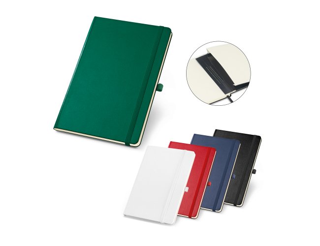 Caderno capa dura. Com porta esferogrfica, bolso interior e 80 folhas