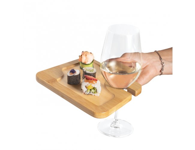 Prato. Bambu. Com suporte para copo. Ideal para servir aperitivos. Forn