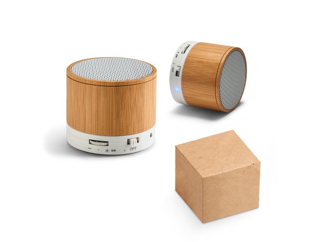 Caixa de som com microfone. Bambu. Com transmisso por bluetooth, liga